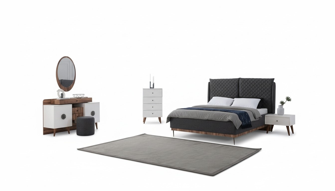 Black and white bedroom set designer bed vanity dresser 6 pieces