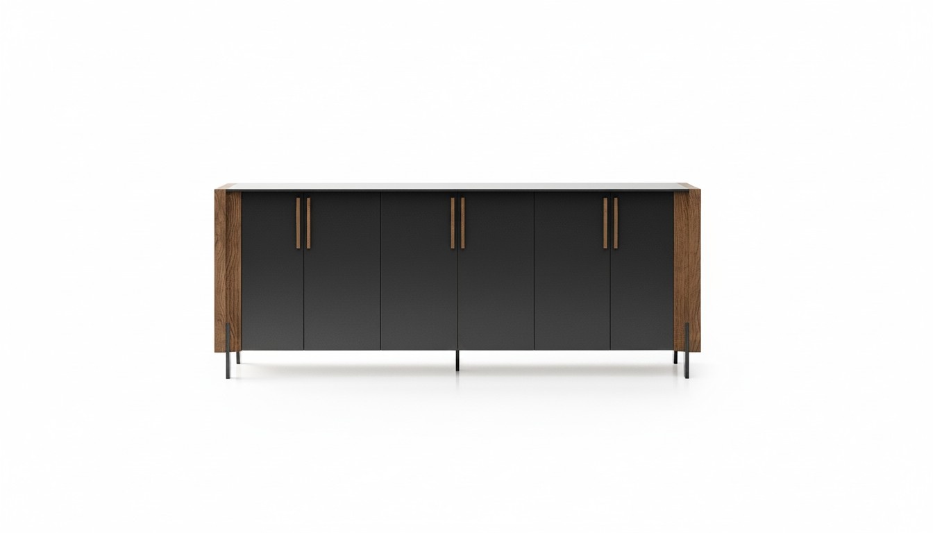 Black wooden console, modern, elegant design, versatile, durable.