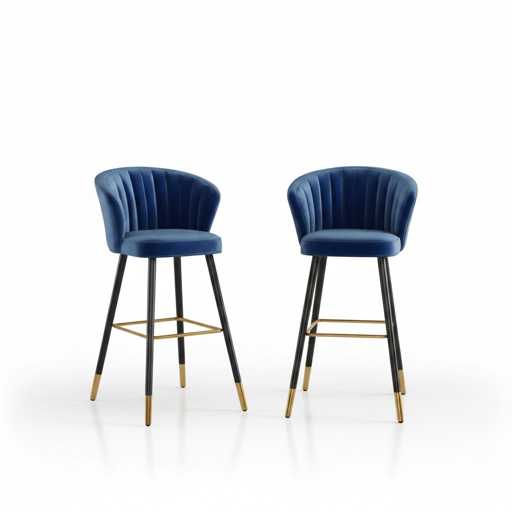 Blue bar stool designer furniture stainless steel upholstery 1-seater wooden feet