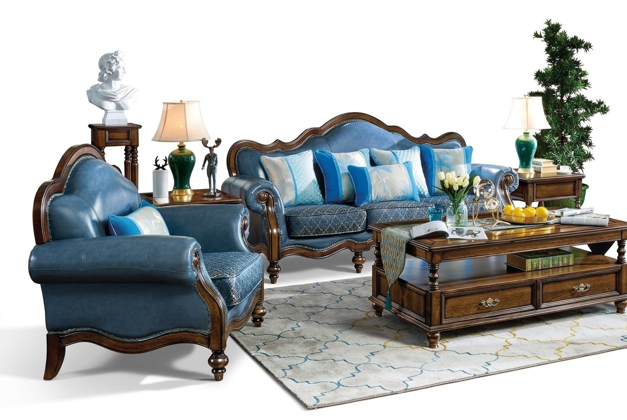 Blue Baroque Rococo Chesterfield Sofa Set Sofa 3+1 Seat Set