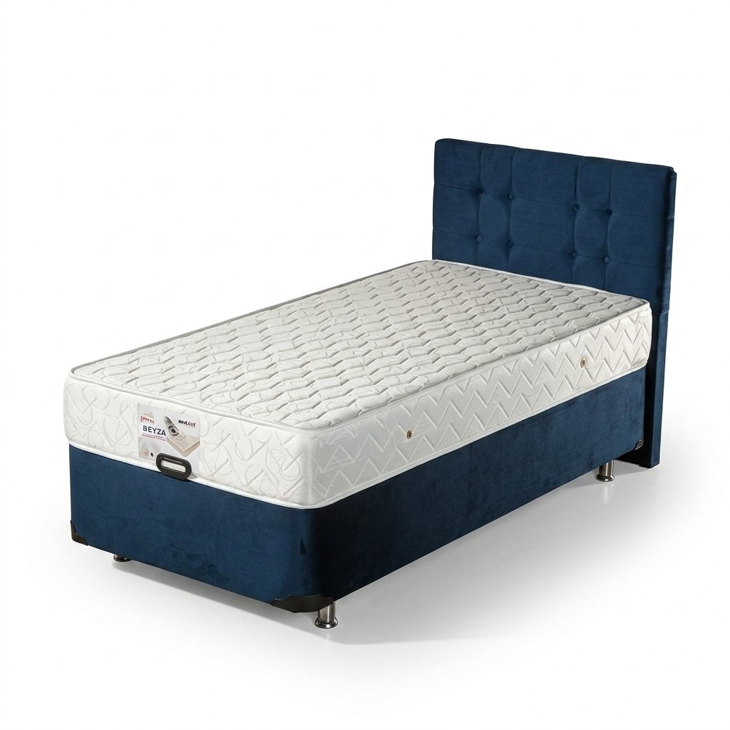 Blue bed with textile mattress and stainless steel.