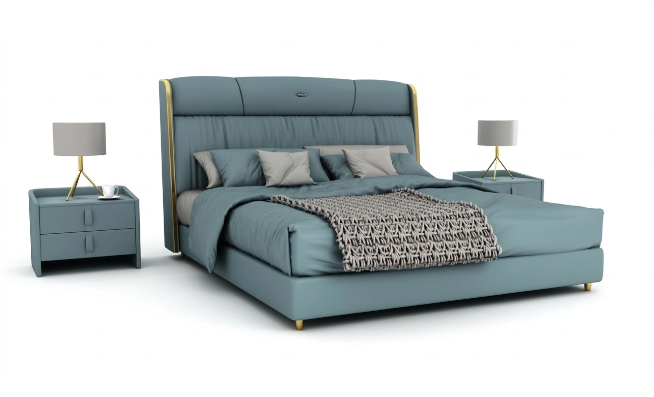 Blue bedroom double bed designer furniture LED bed wood textile beds