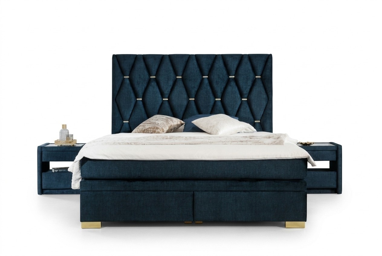 Blue bedroom textile set Fine bedside tables Stainless steel bed 3pcs