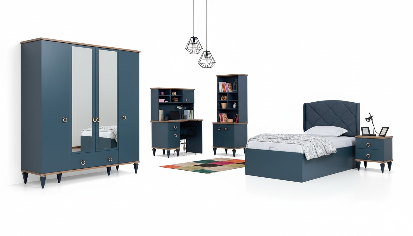 Blue bedroom closet set youth room teen furniture wardrobe