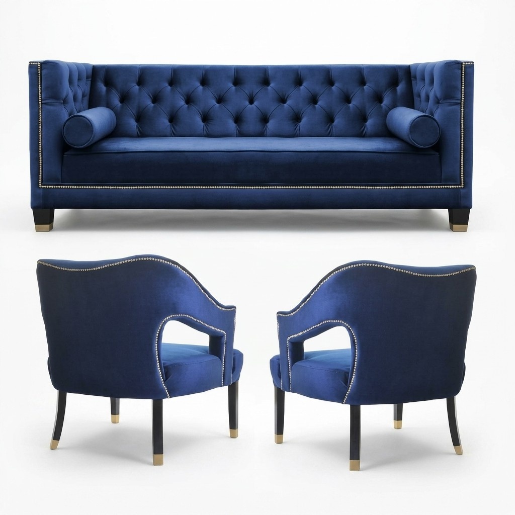 Blue Chesterfield Armchair xxl Big Textile Fabric Couches Furniture Sets Velvet New