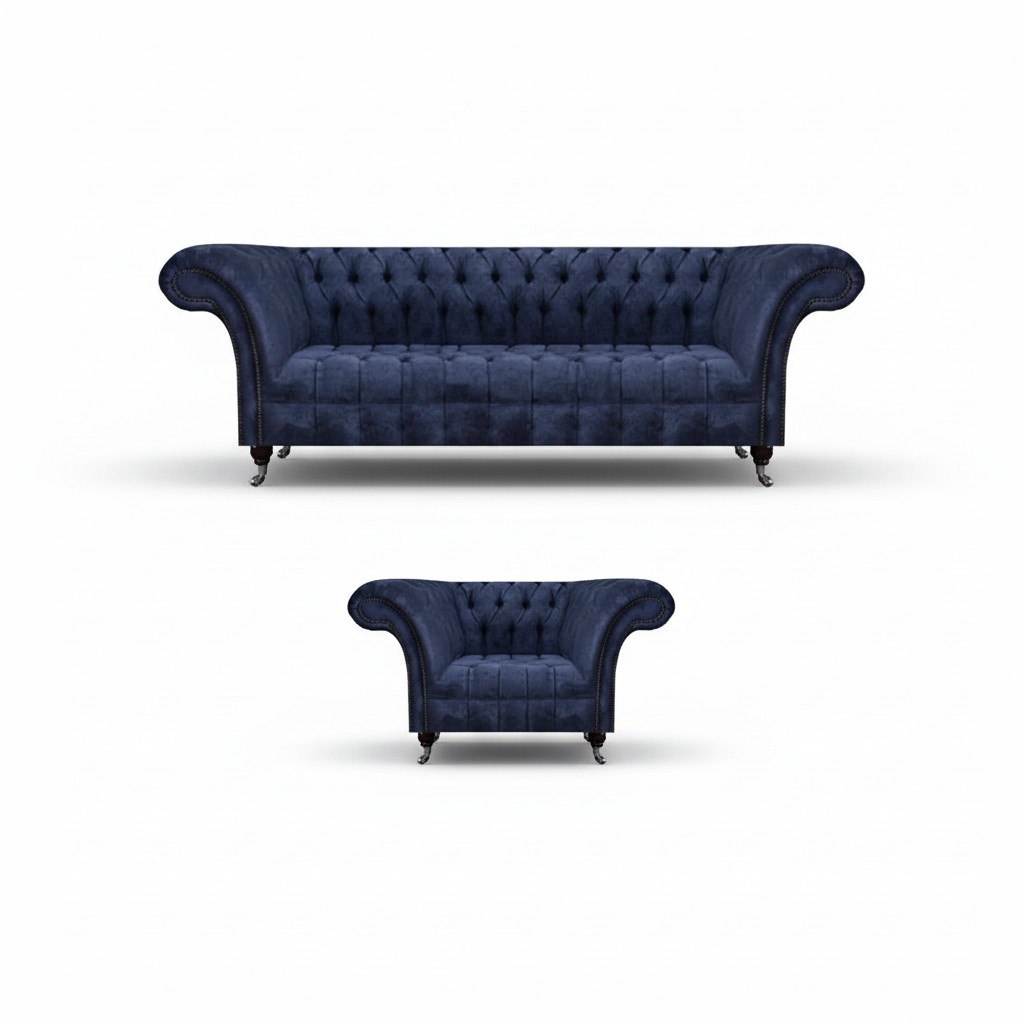 Blue Chesterfield fabric sofa set living room upholstered seating furniture 2-piece set