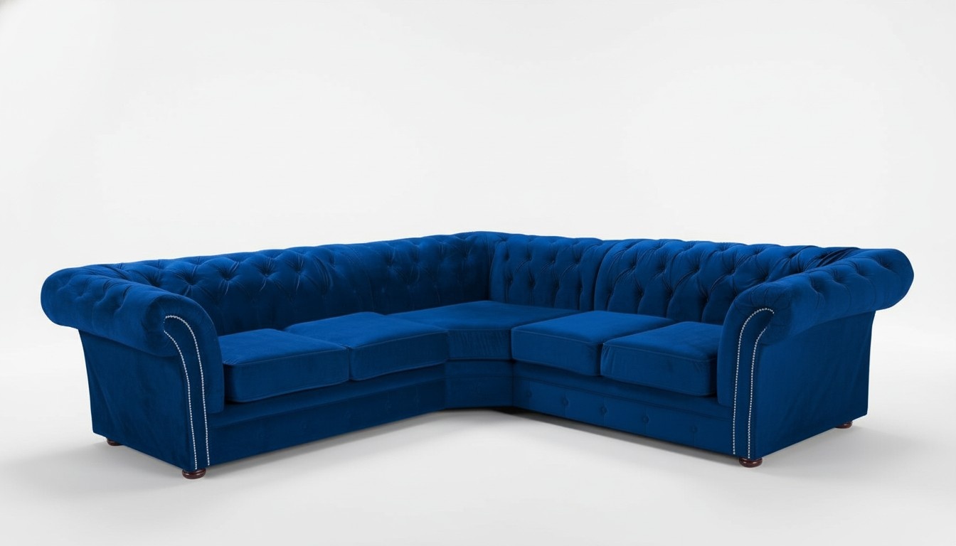 Blue Chesterfield living room couch textile fabric sofa cushions corner sofa
