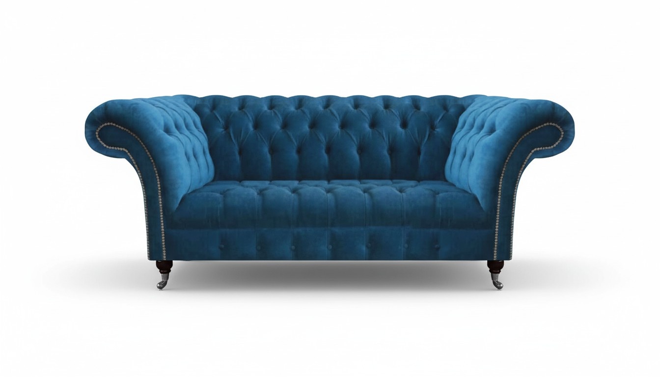Blue Chesterfield luxury couch living room textile seat elegant three-seater