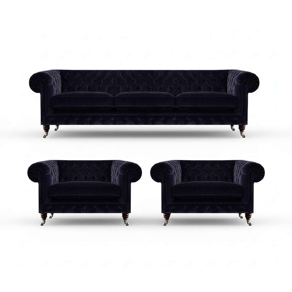 Blue Chesterfield sofa set designer 3-seater 2x armchairs 3 pieces