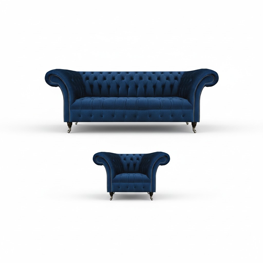 Blue Chesterfield set designer three-seater fabric armchair 2-piece furniture