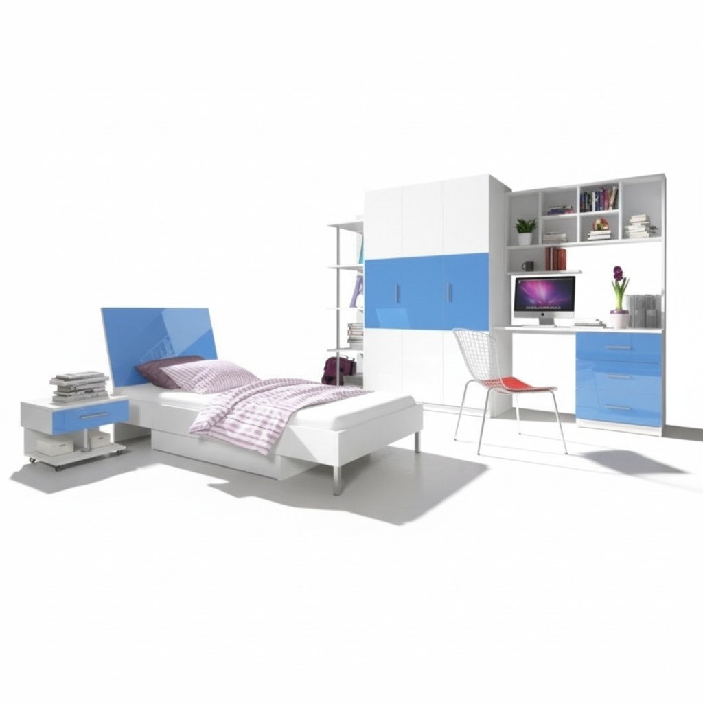 Blue children\'s room bedroom youth room set closet table bed new 4 pieces.