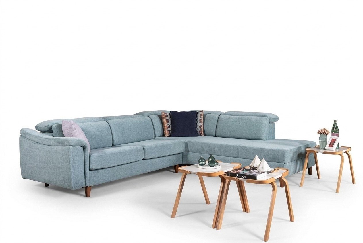 Blue corner sofa L-shape living room upholstered couches designer wooden frame
