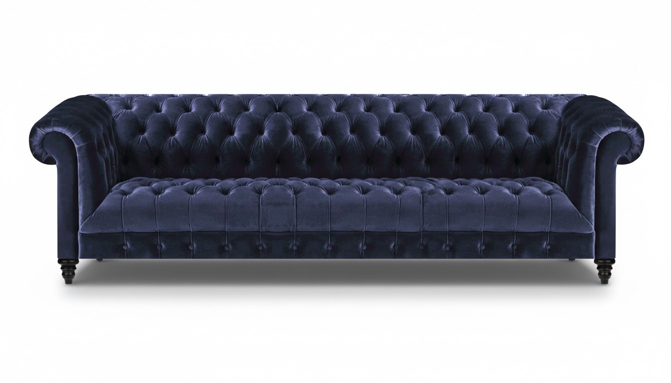 Blue upholstered textile Chesterfield four-seater sofa couch living room furniture