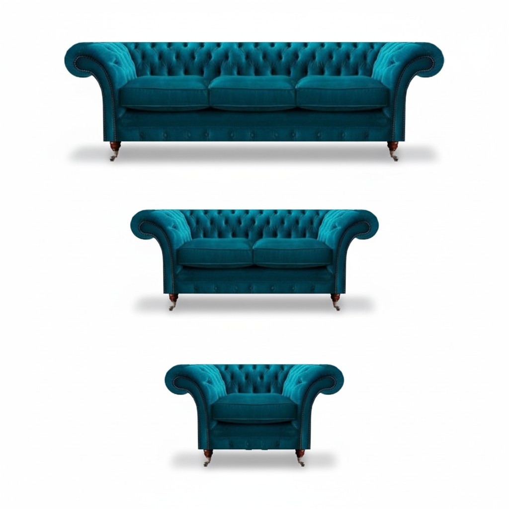 Blue designer Chesterfield upholstered furniture living room textile sofas 3-piece set