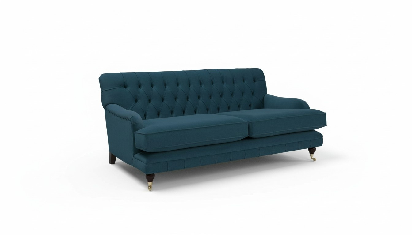 Chesterfield Modern Sofa 3-Seater Blue Textile Comfortable with Cushions + Castors New