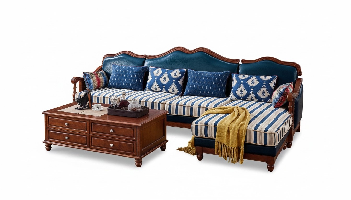 Blue Leather Couch Corner Sofa Upholstery Furniture Classic Chesterfield Furniture