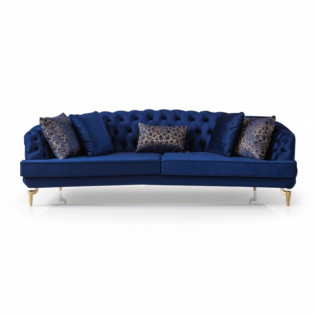 Blue Living Room Chesterfield Sofa Set Luxury Upholstery Fabrics 4x Seater