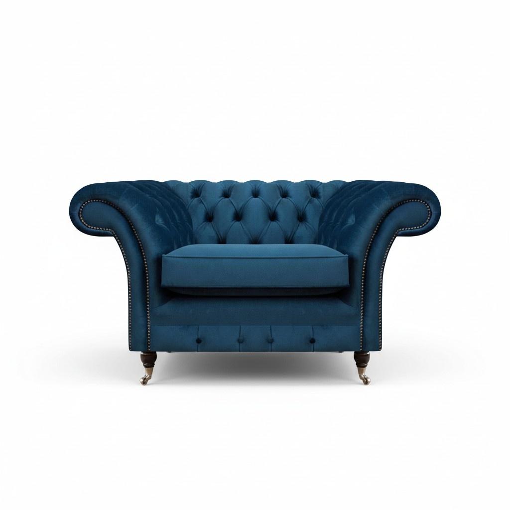 Blue living room Chesterfield fabric armchair upholstered furniture luxury single seat