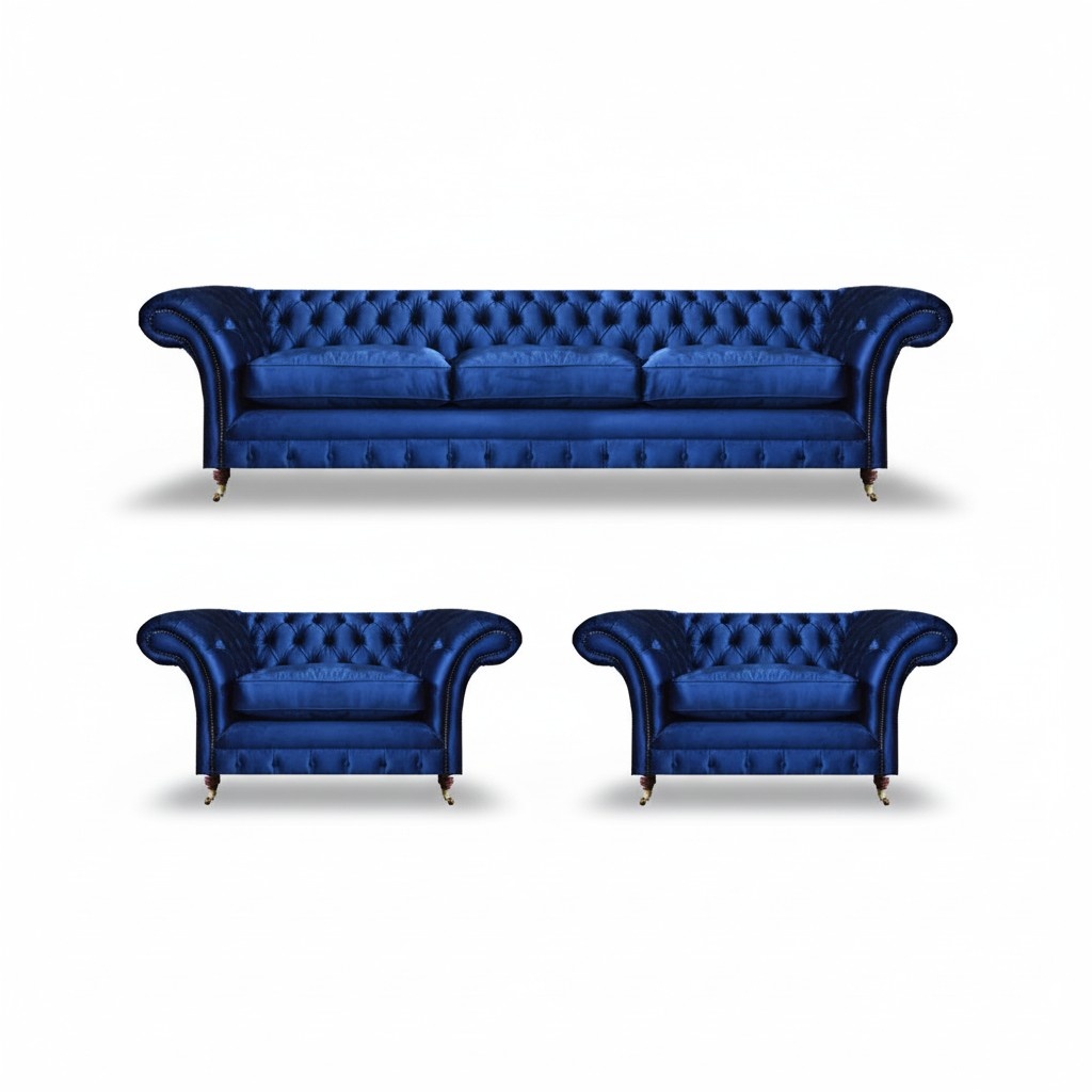 Blue Modern Sofa Set 3-piece Luxury Living Room Furniture Chesterfield