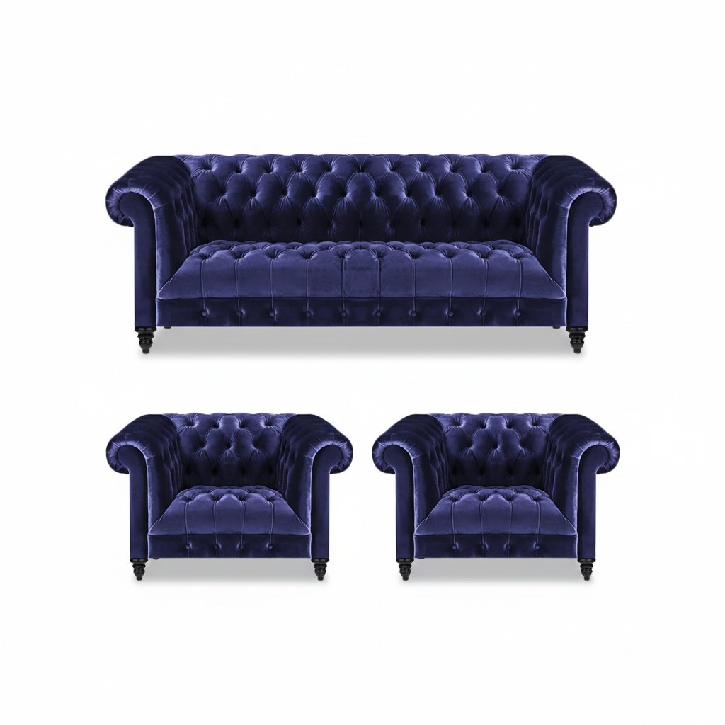 Blue Set 3pcs Chesterfield Complete Sofa Three Seats 2x Armchairs Living Room New