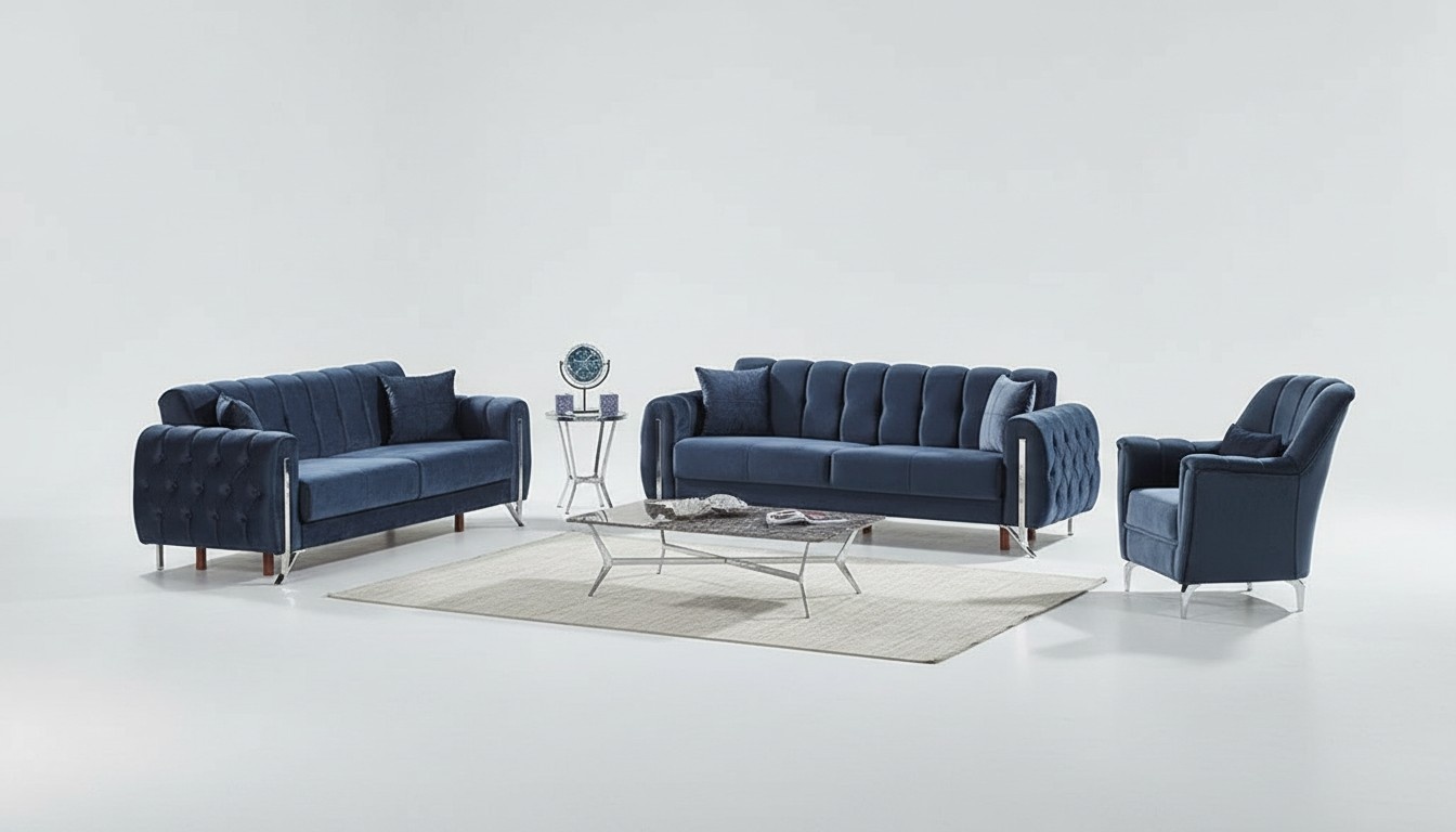 Blue Sofa Complete 3+3+1 Seater Upholstered Living Room Upholstered Furniture Fabric