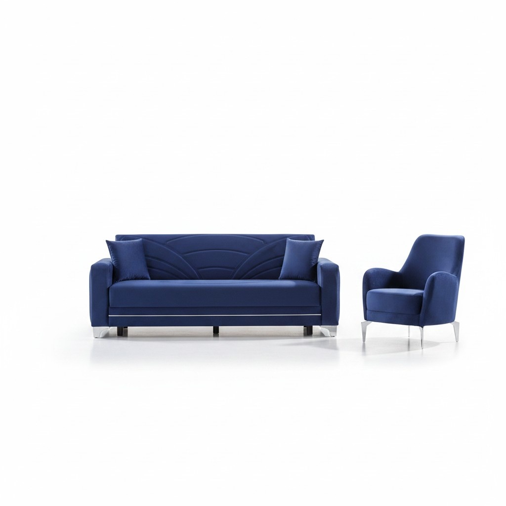 Blue Sofa Set 2-piece Complete Living Room Design Set 3+1 Seater Upholstered Furniture