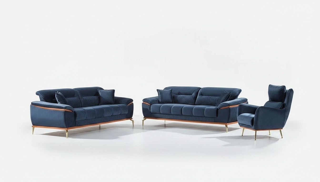 Blue Sofa Set 3-piece Living Room Textile Sofa Furniture Modern Upholstered Furniture