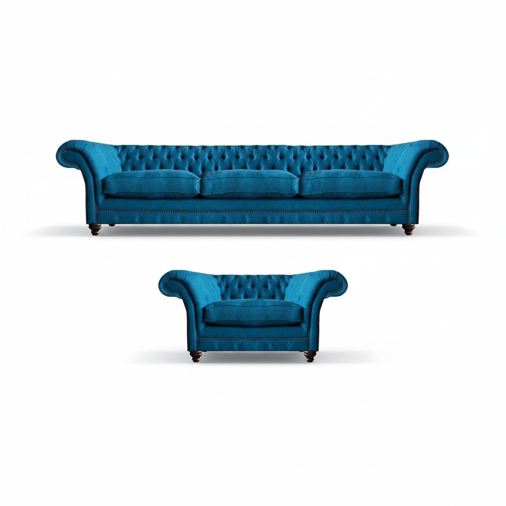 Blue sofa three-seater upholstered furniture couch textile armchair Chesterfield furnishings