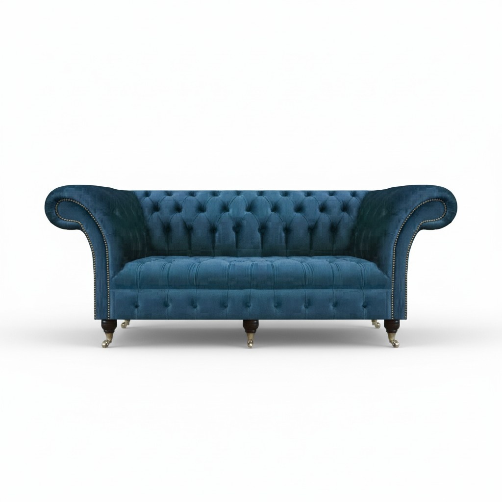 Blue Textile Chesterfield Three-Seater Sofa Couch Seating Furniture Designer Modern New