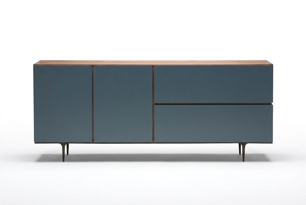 Blue wooden console, modern, elegant surface, sturdy design.