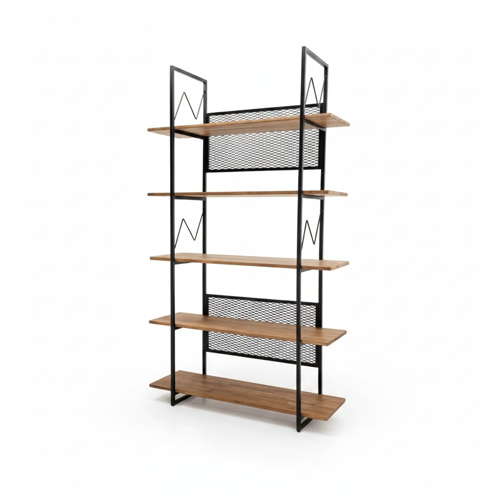 Bookshelf Books Rack Stand Shelf Cabinet Wood + Metal with 5 Levels