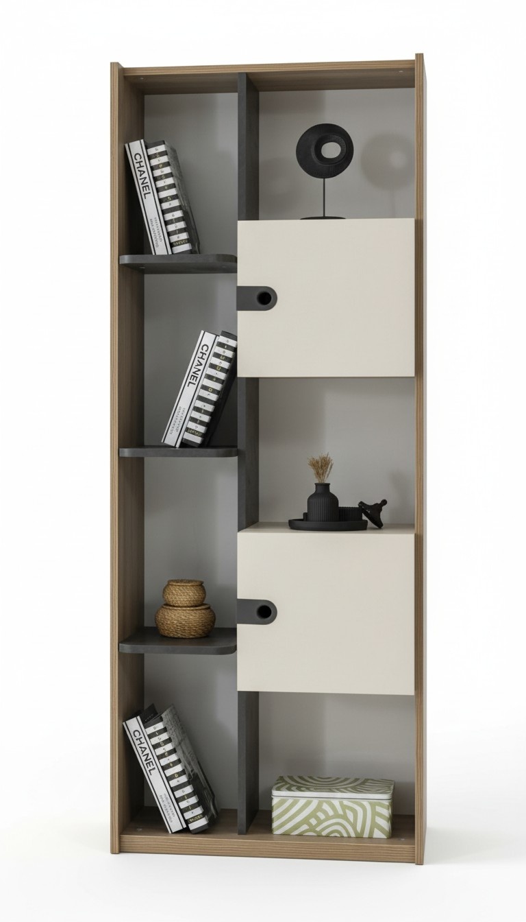 Modern bookshelf open compartments doors wood look cream stylish design furniture