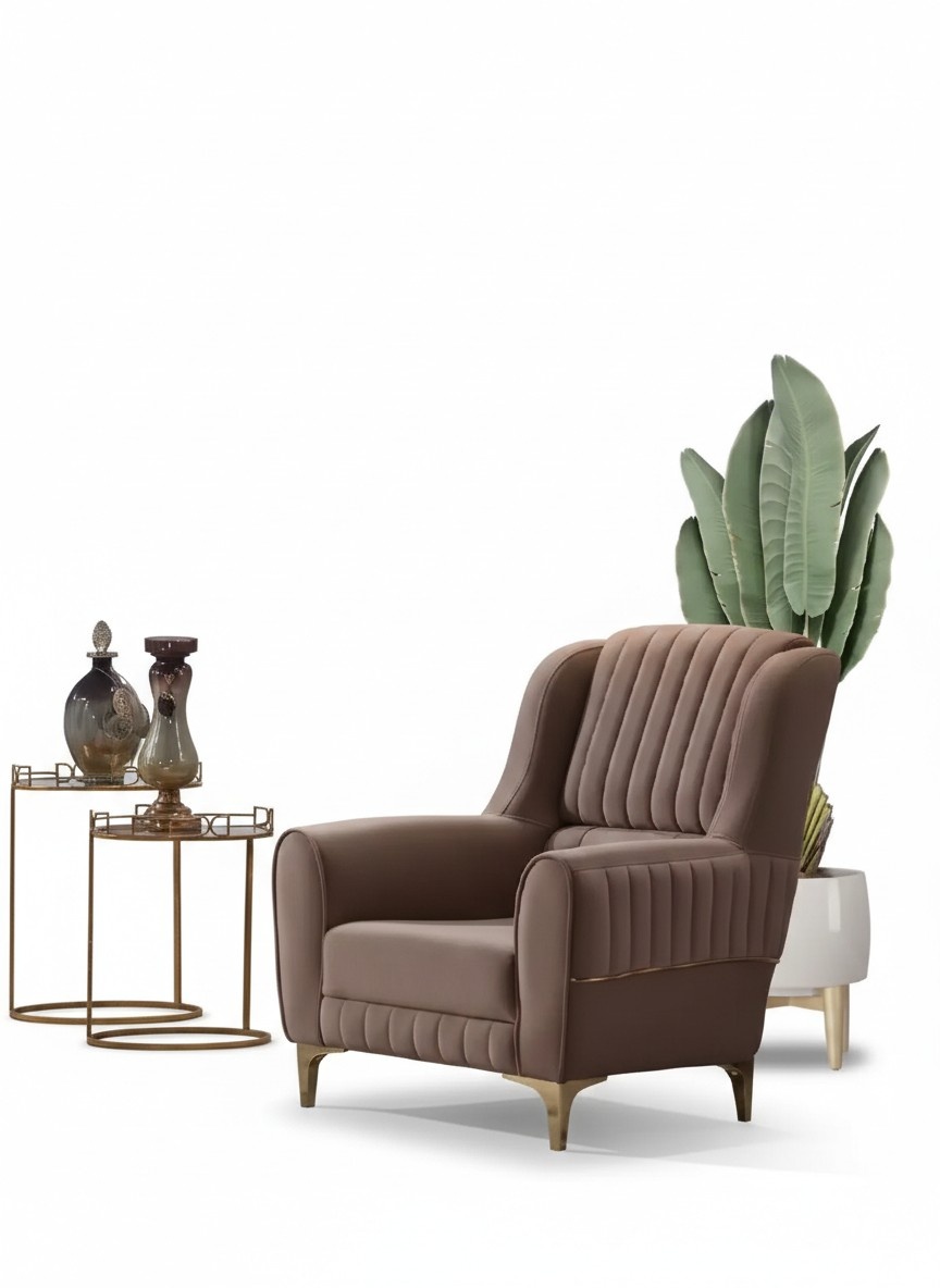 Brown textile armchair luxury living room single seater wooden frame modern new