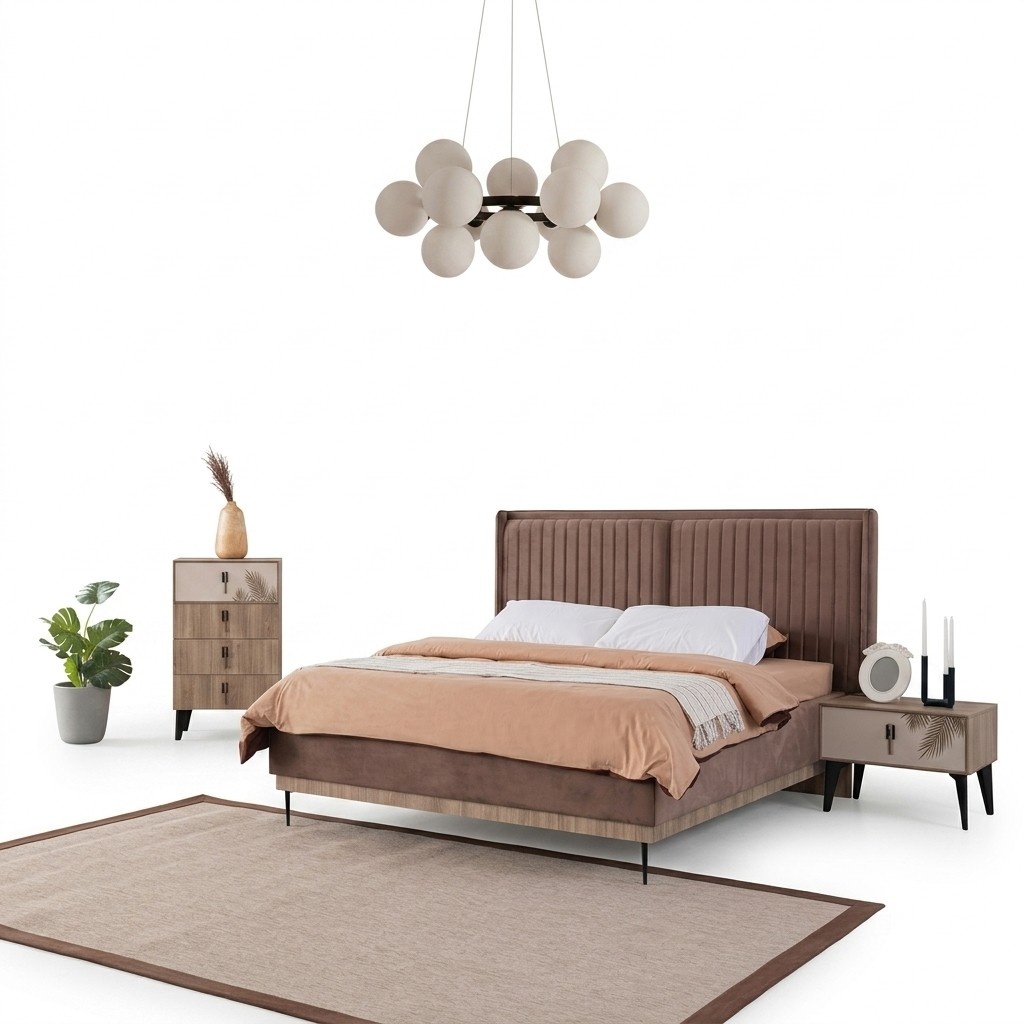 Brown Bedroom Double Bed Designer Wood Modern 2x Bedside Tables