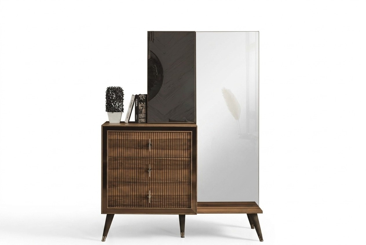 Brown bedroom furniture chest of drawers with mirror luxury wooden set 3-door
