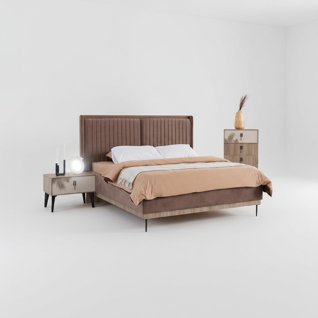 Brown bedroom set upholstered double bed 2x bedside tables wooden chest of drawers