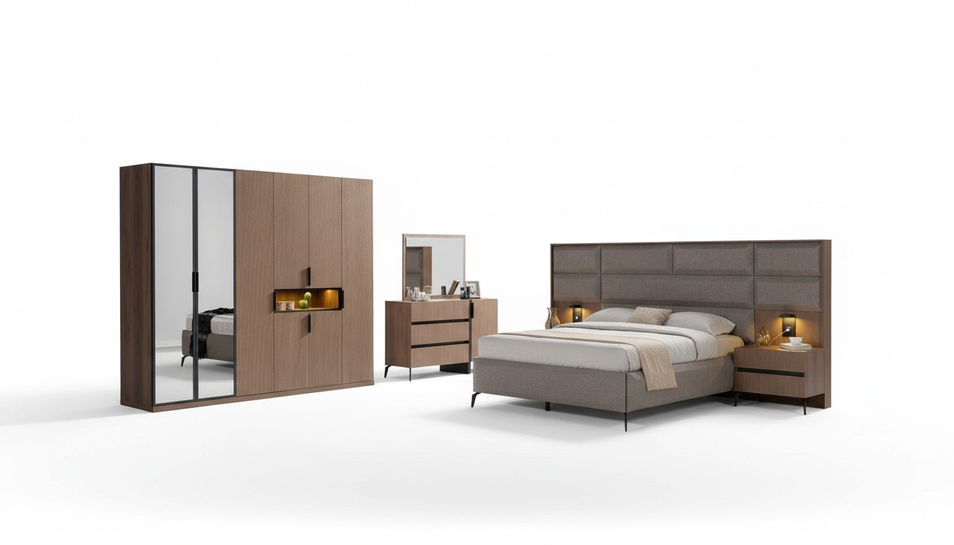 Brown bedroom wood furniture textile bed bedside tables chest of drawers wardrobe