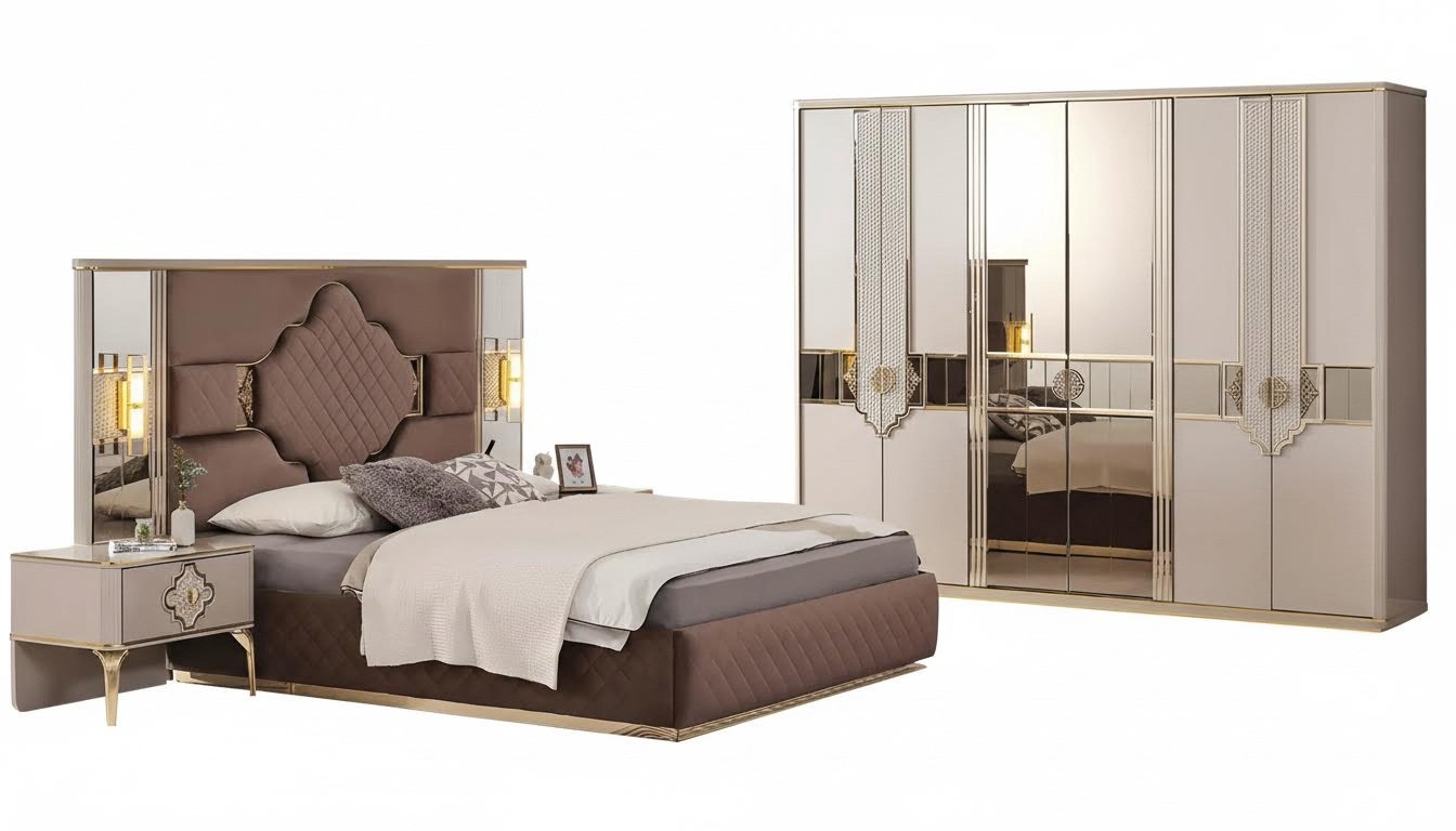 Brown-beige bedroom set wardrobe upholstered bed nightstands