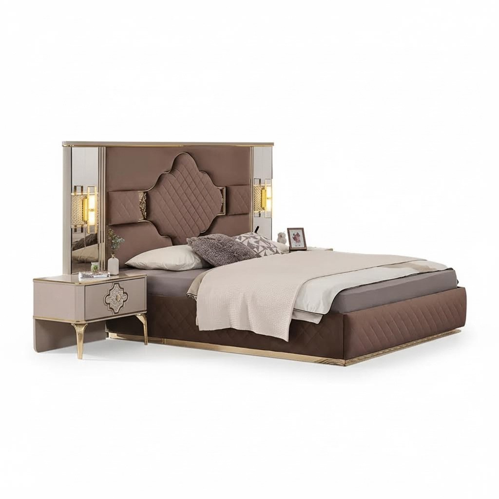 Brown-Beige Exclusive Bedroom Set Double Bed 2x Nightstands