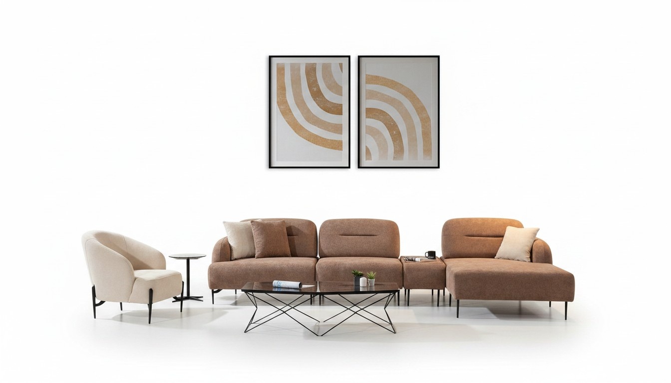 Brown-beige living room seating set corner sofa living area armchair 2-piece