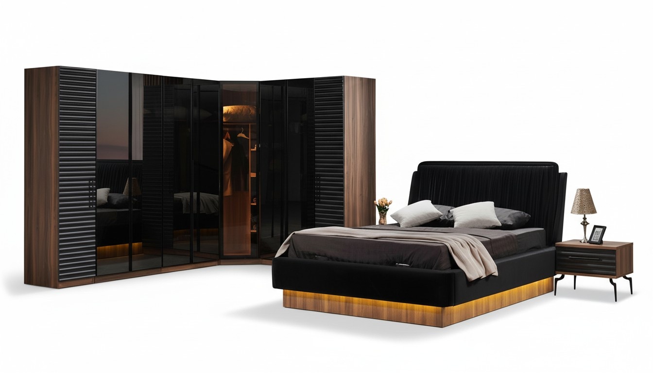 Brown-black bedroom set complete set bed 2x bedside tables