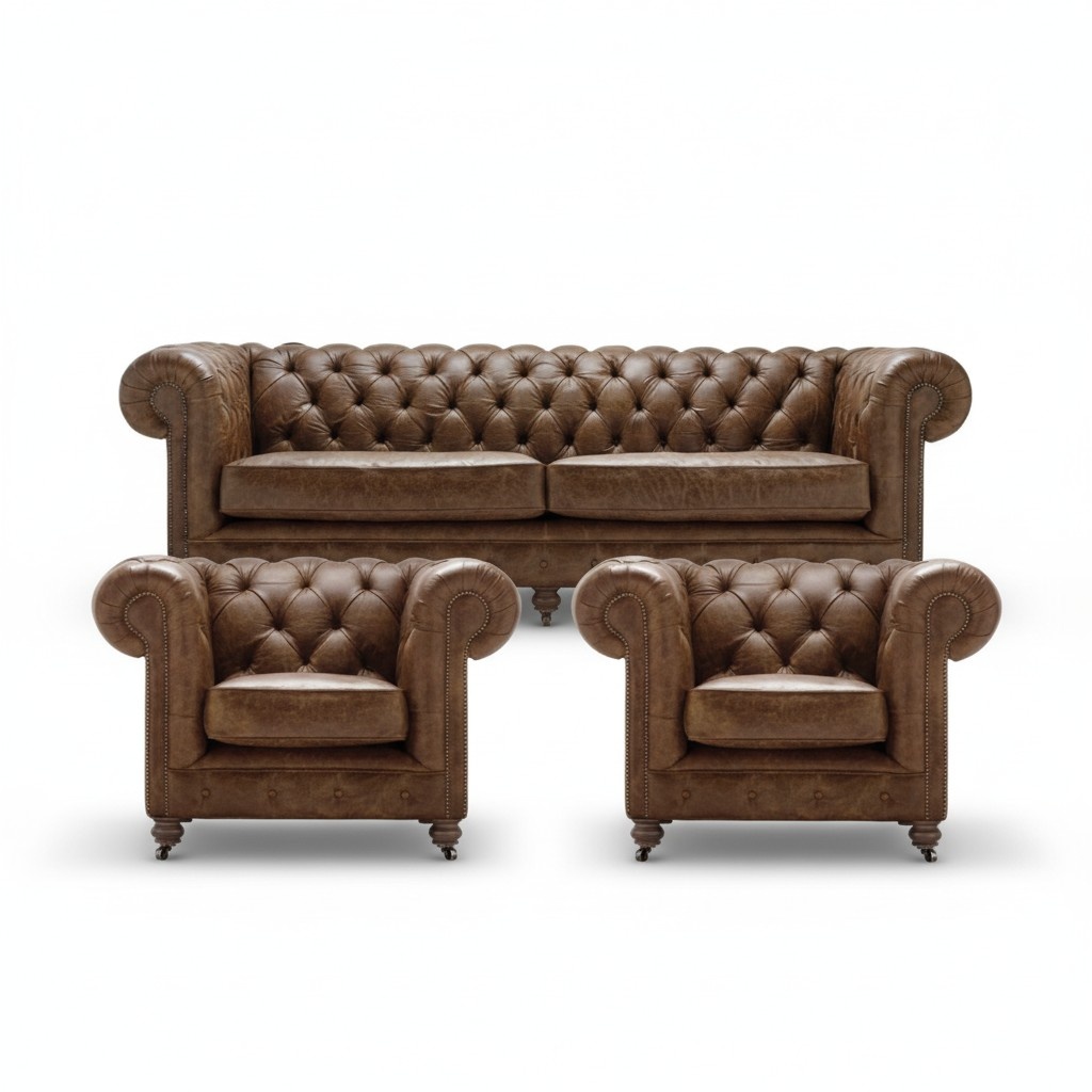 Braun Chesterfield +2 Armchairs Leather Couches Creative Furniture New Living Room Sofa