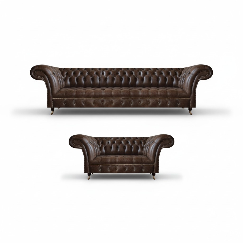Brown Chesterfield Faux Leather Sofas Designer Living Room Couches 2-piece