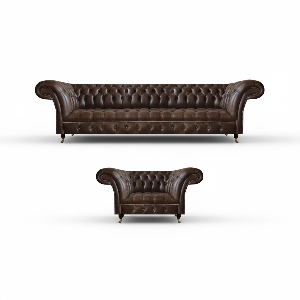 Brown Chesterfield faux leather living room set 3-seater 2-seater