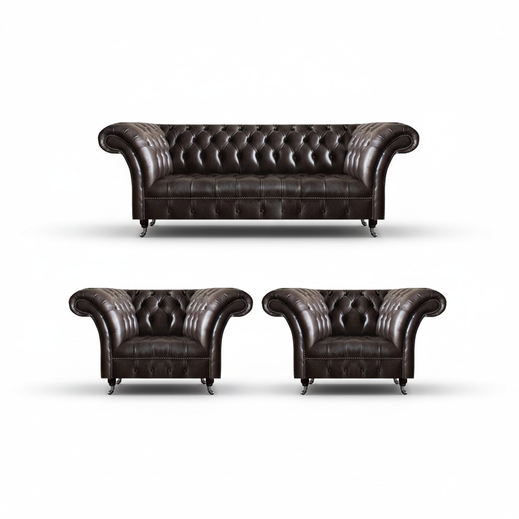 Brown Chesterfield leather sofa living room set designer seating group