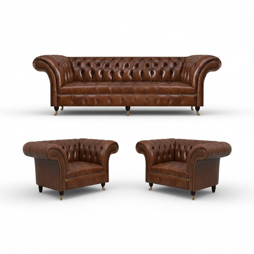 Brown Chesterfield Leather Sofa Designer Leather Armchair 3-piece Living Room Set