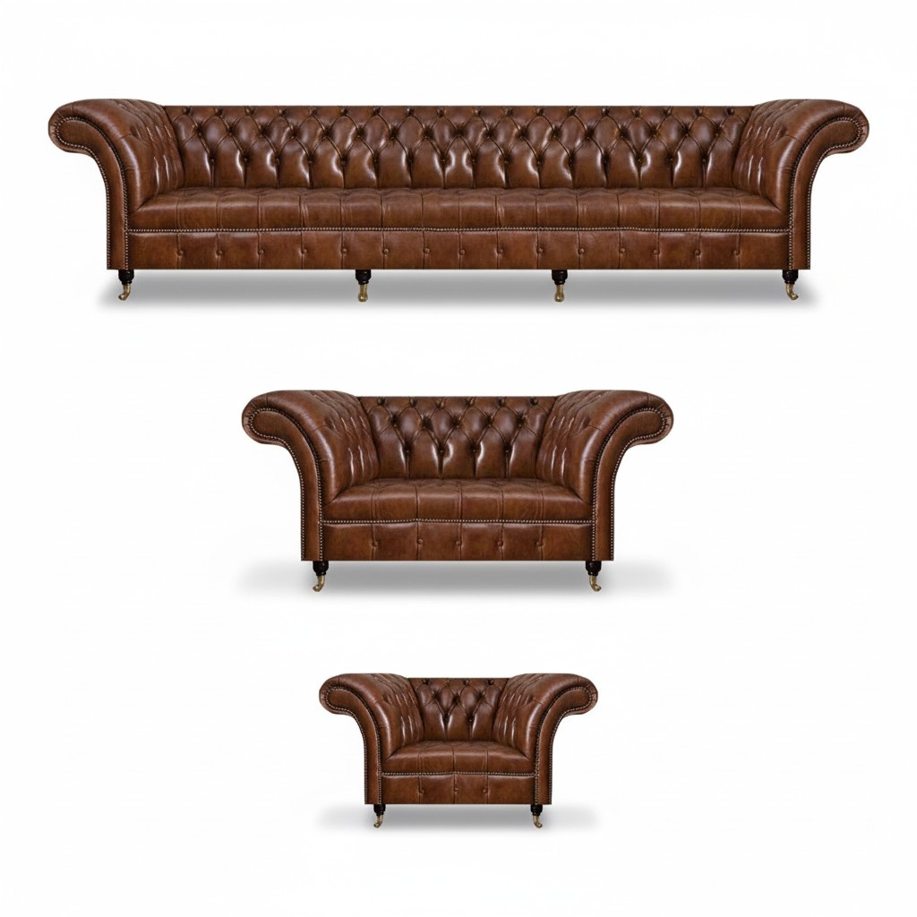 Brown Chesterfield leather sofa set designer leather couches 3-piece set