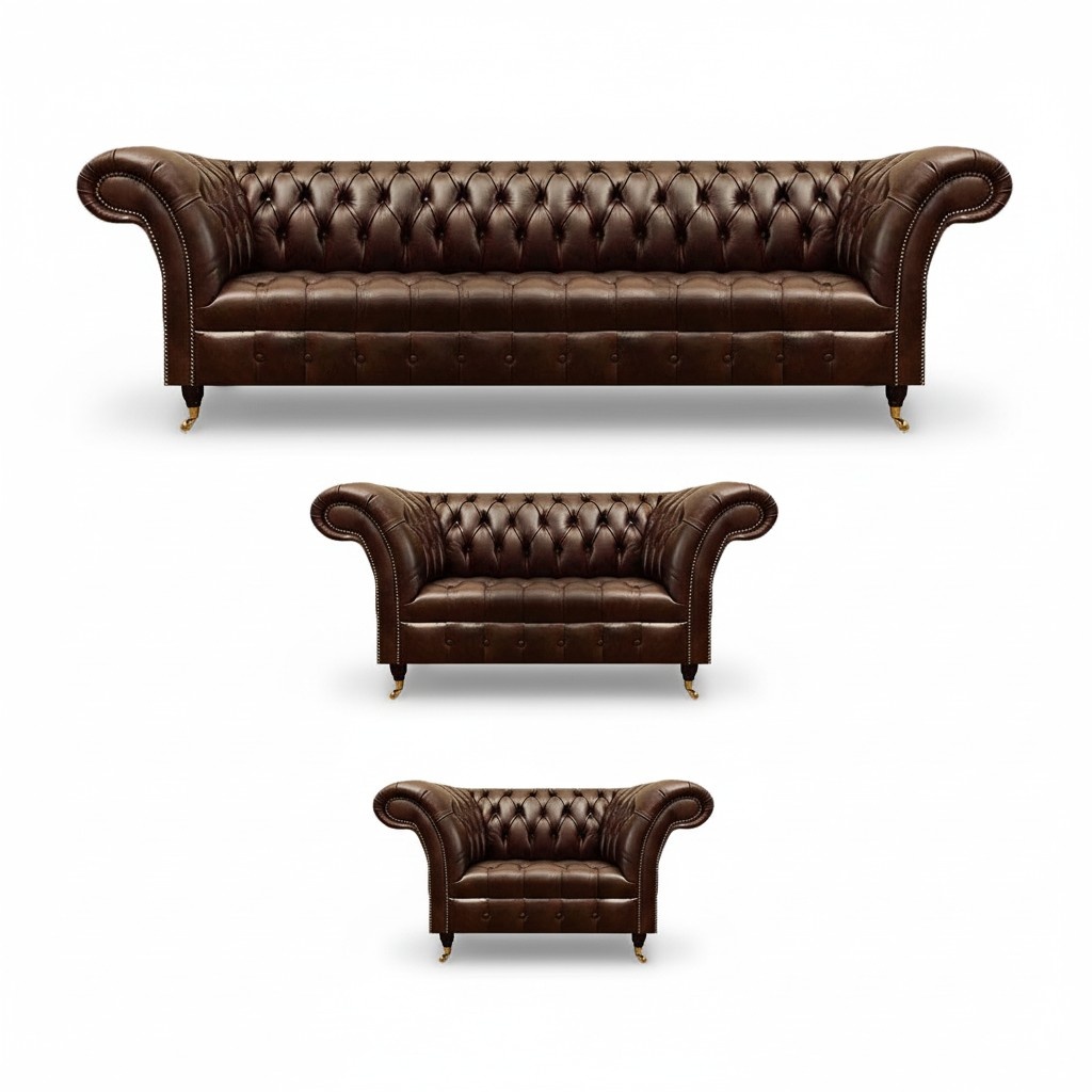 Brown Chesterfield leather sofa designer leather armchair three-seater 3-piece set