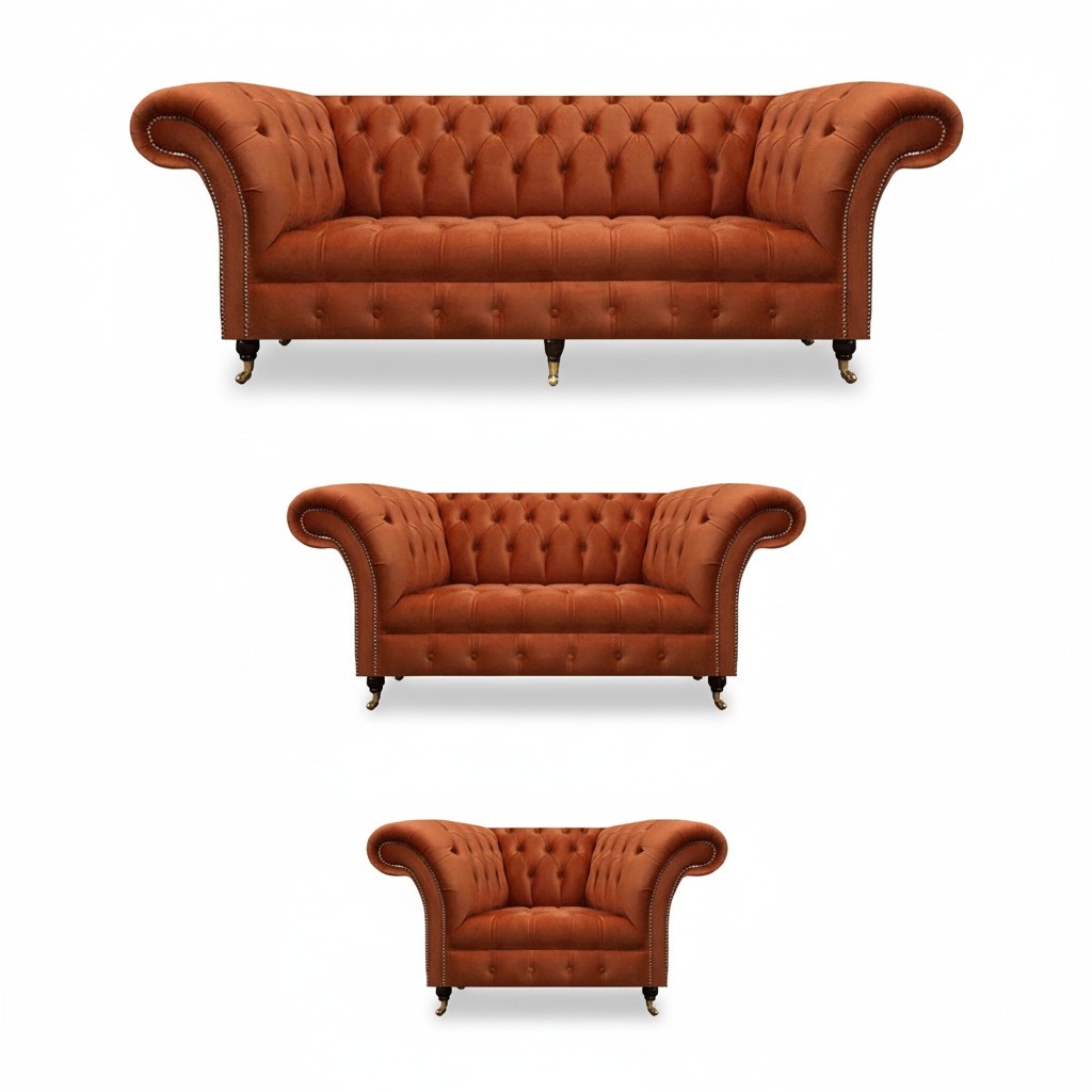 Brown Chesterfield seating furniture living room designer sofas 3-piece set