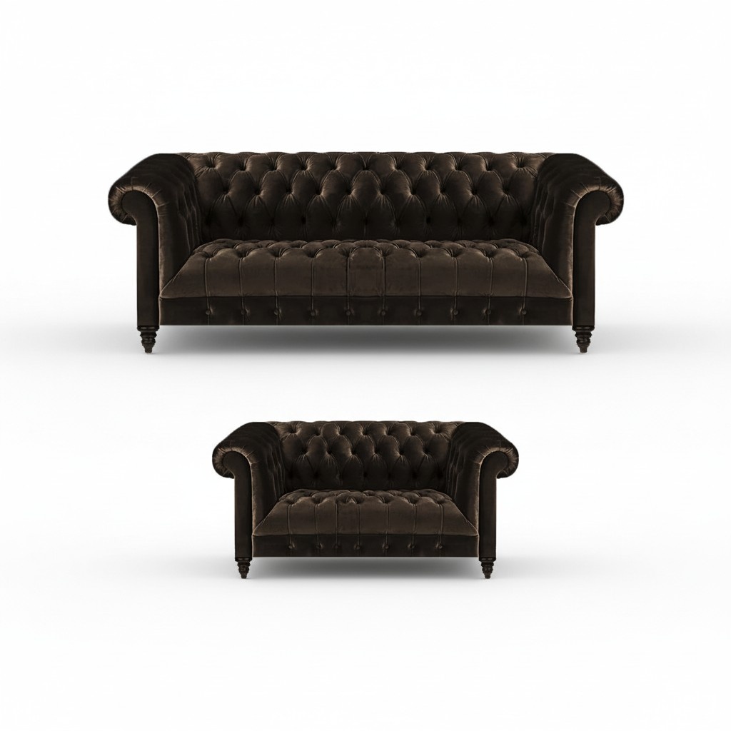 Brown Chesterfield seating furniture living room 2-seater luxury three-seater 2-piece